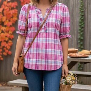 Talbots Relaxed Fit Plaid Half Button-Down Tunic 100% cotton Retro Casual M